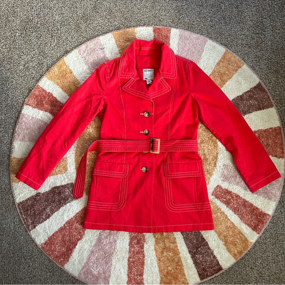 Red belted Old Navy jacket with white stitching